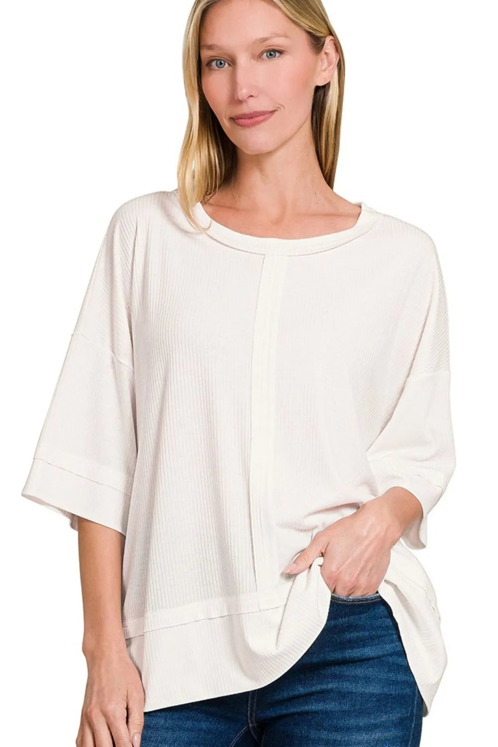 Zenana Ribbed Boat Neck 3/4 Sleeve Top - Love Salve